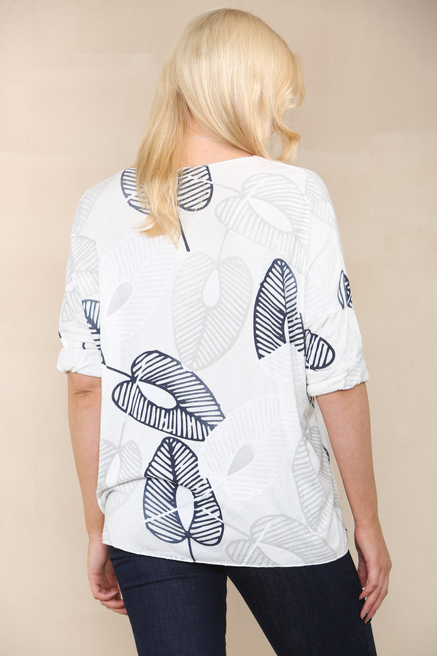 LEAF SKETCH FINE KNIT TOP WHITE