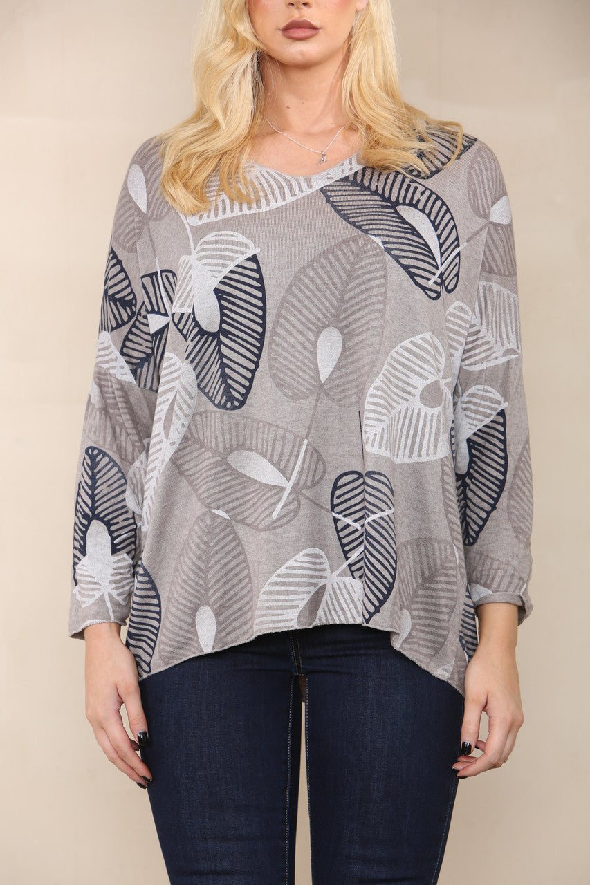 LEAF SKETCH FINE KNIT TOP TAUPE