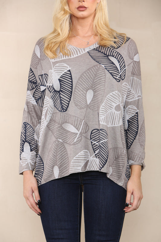 LEAF SKETCH FINE KNIT TOP TAUPE