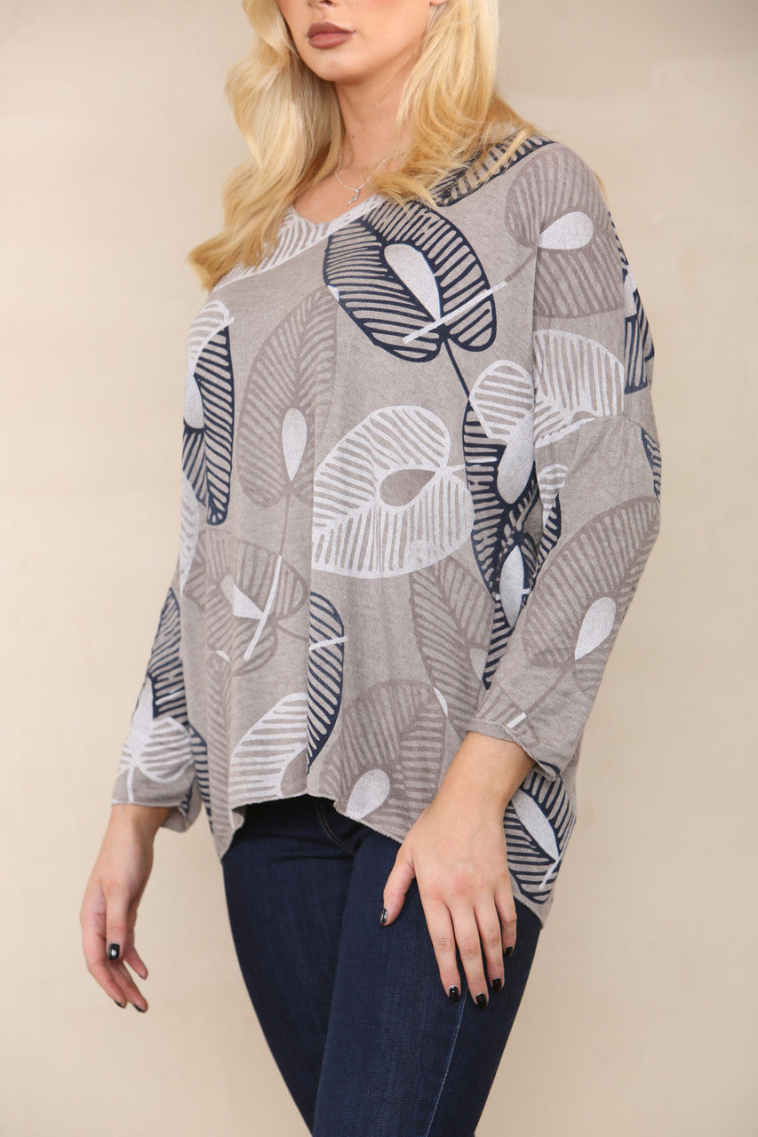 LEAF SKETCH FINE KNIT TOP TAUPE