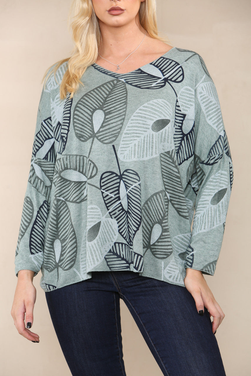 LEAF SKETCH FINE KNIT TOP KHAKI