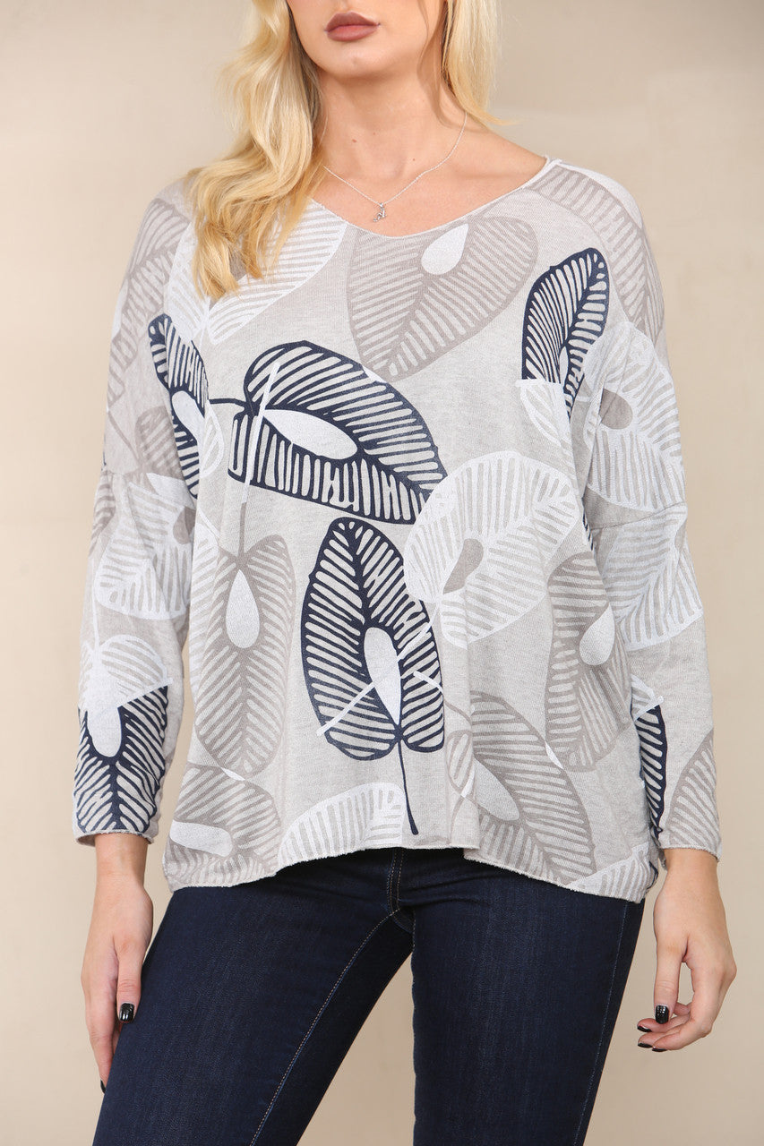 LEAF SKETCH FINE KNIT TOP STONE