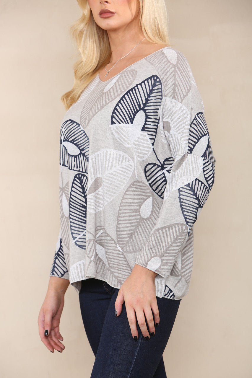 LEAF SKETCH FINE KNIT TOP STONE