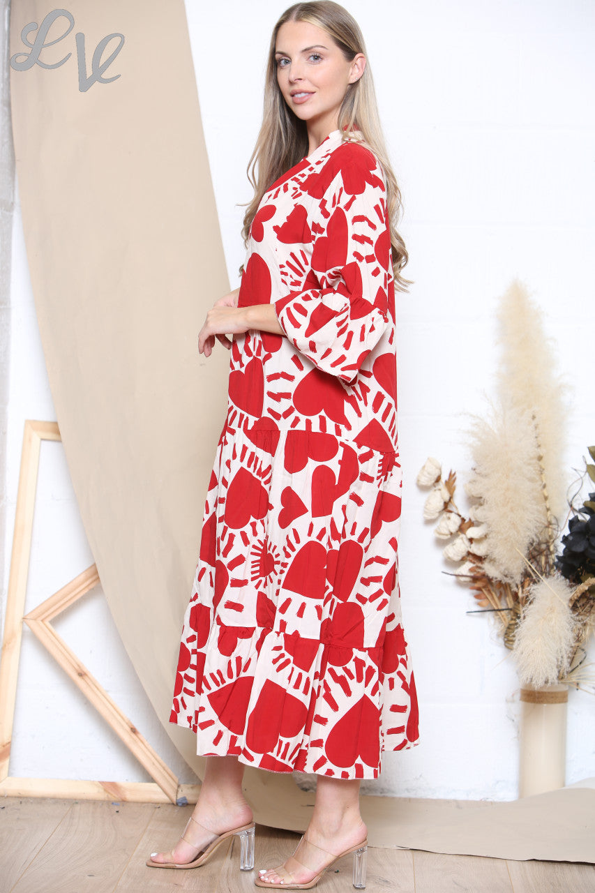 Ladies Heart Print Shirt Dress Maxi Red & White