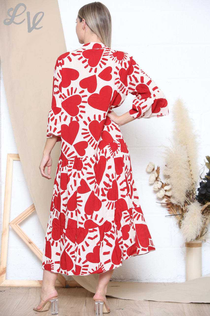 Ladies Heart Print Shirt Dress Maxi Red & White
