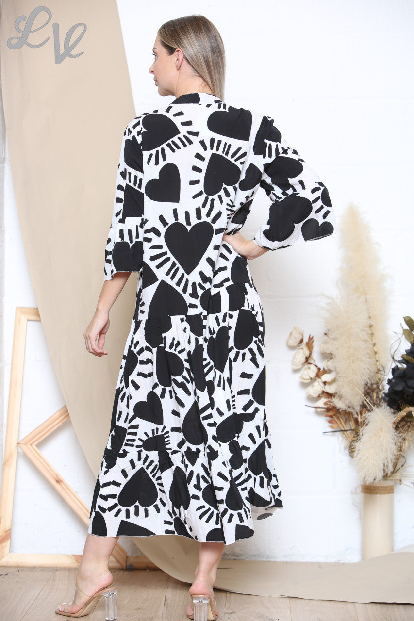 Ladies Heart Print Shirt Dress Maxi Black & White