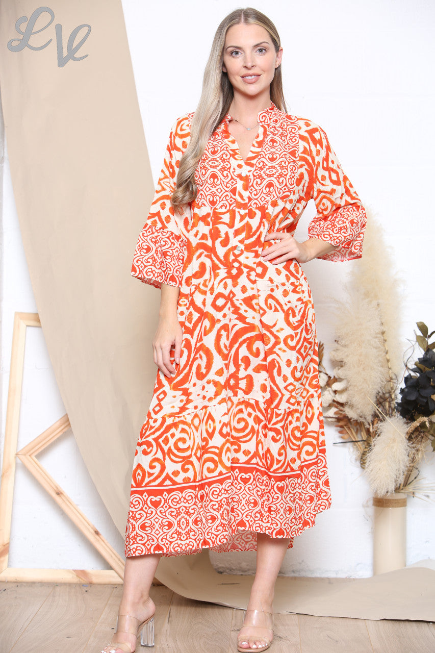 Ladies Aztec Print Shirt Maxi Dress Orange