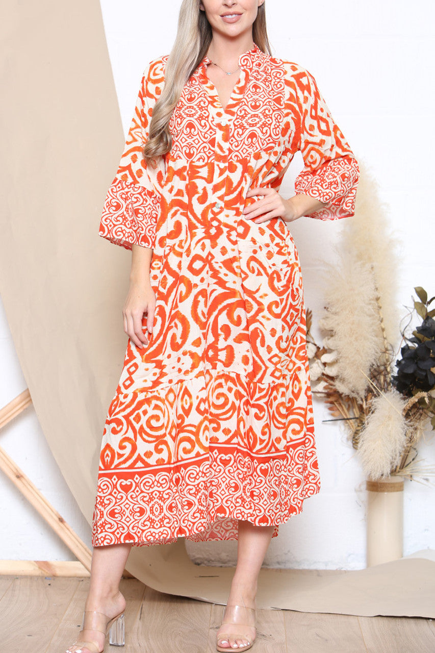 Ladies Aztec Print Shirt Maxi Dress Orange