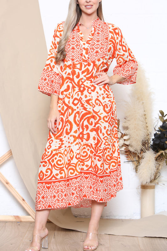 Dames Aztec Print Overhemd Maxi Jurk Oranje