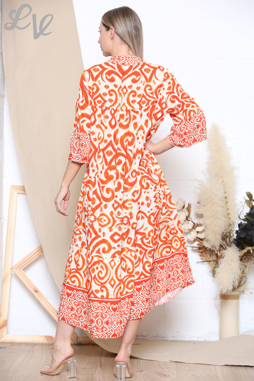 Ladies Aztec Print Shirt Maxi Dress Orange