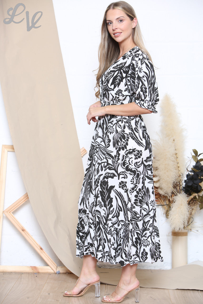 Ladies Floral Leaf Print Maxi Dress Black