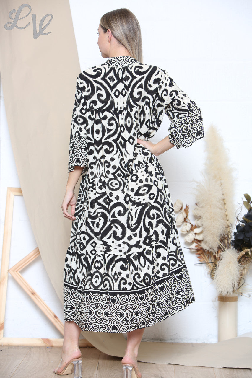 Ladies Aztec Print Shirt Maxi Dress Black