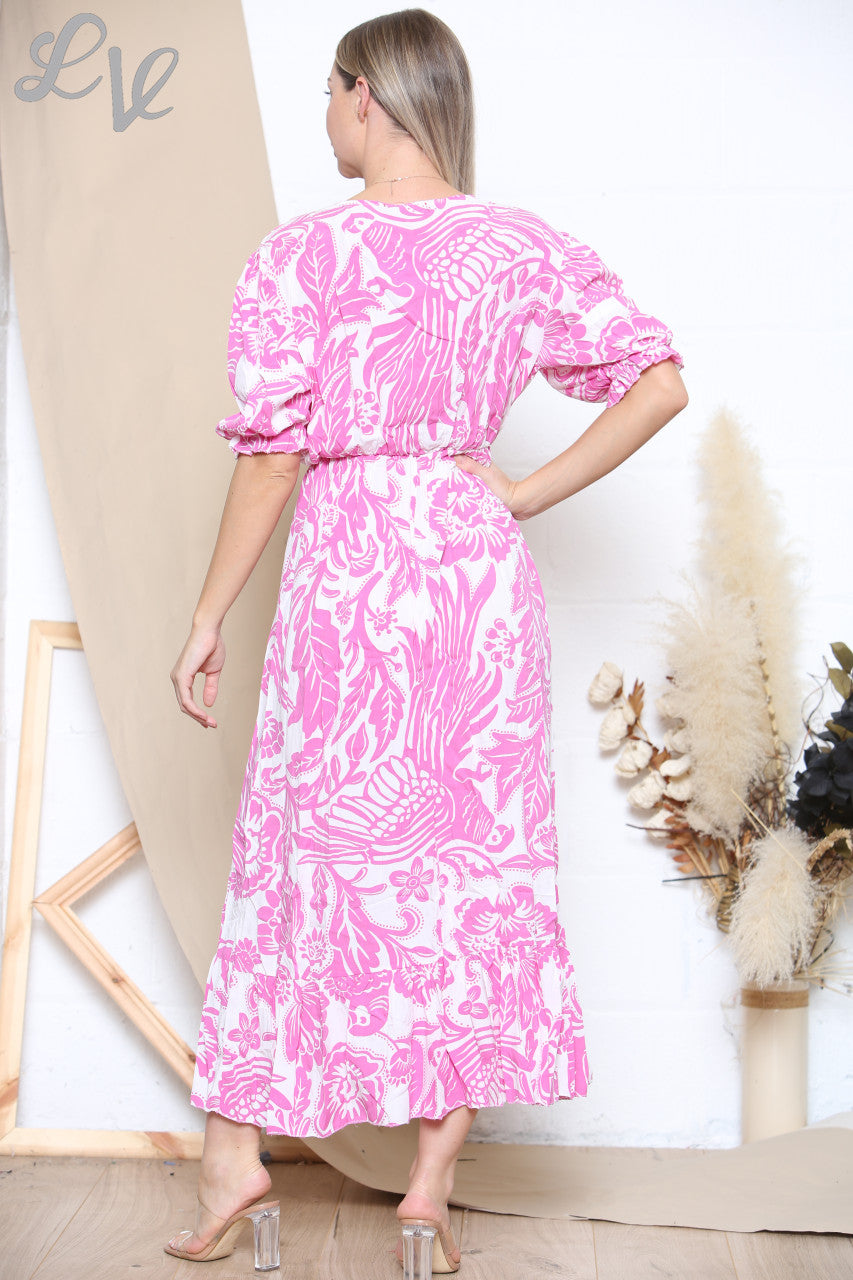 Ladies Floral Leaf Print Maxi Dress Cerise