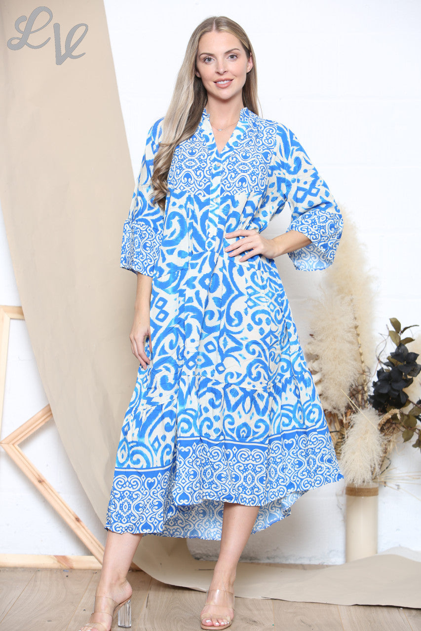 Ladies Aztec Print Shirt Maxi Dress Royal Blue