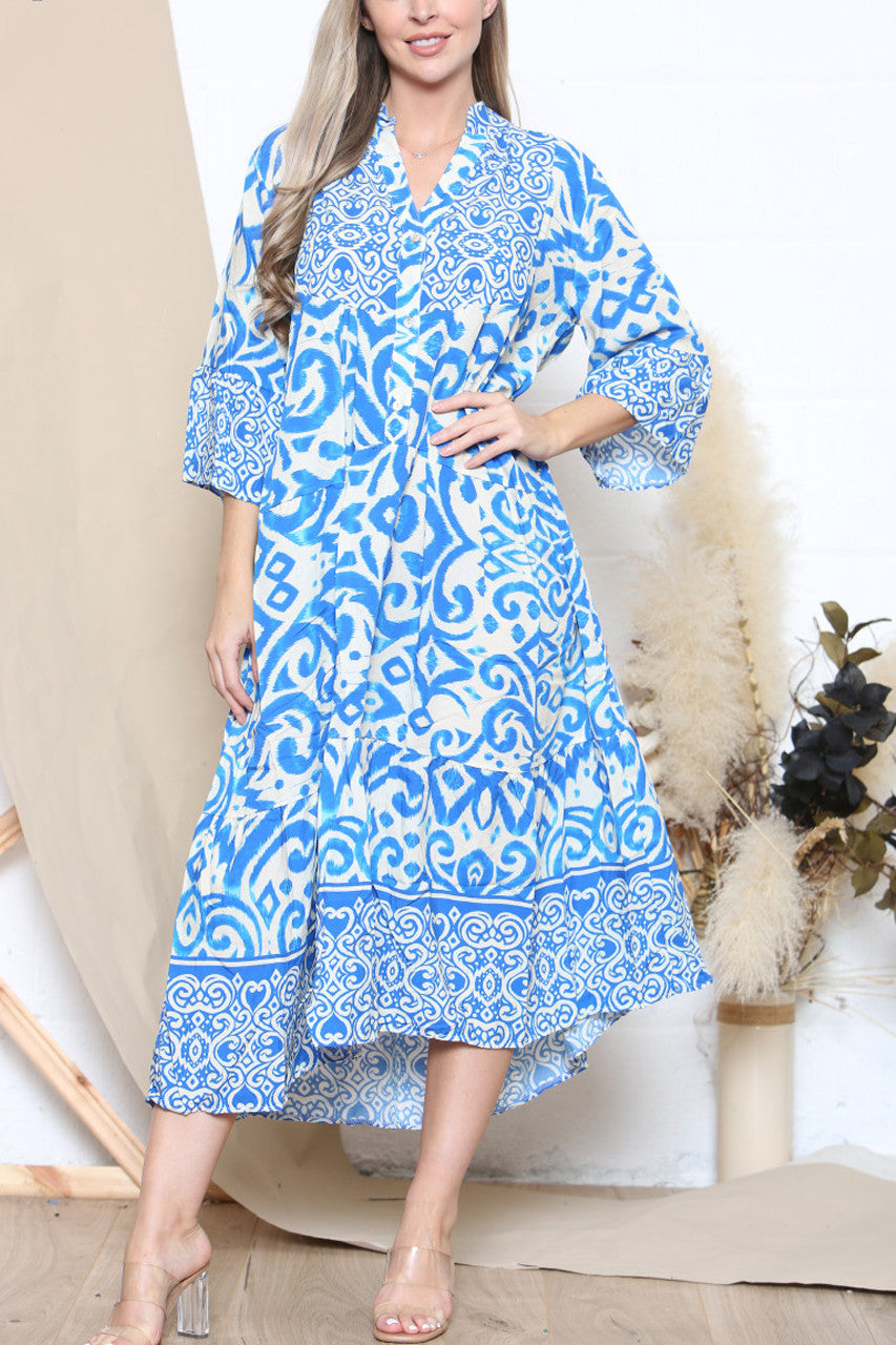 Ladies Aztec Print Shirt Maxi Dress Royal Blue
