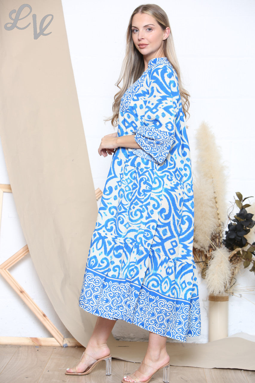 Ladies Aztec Print Shirt Maxi Dress Royal Blue