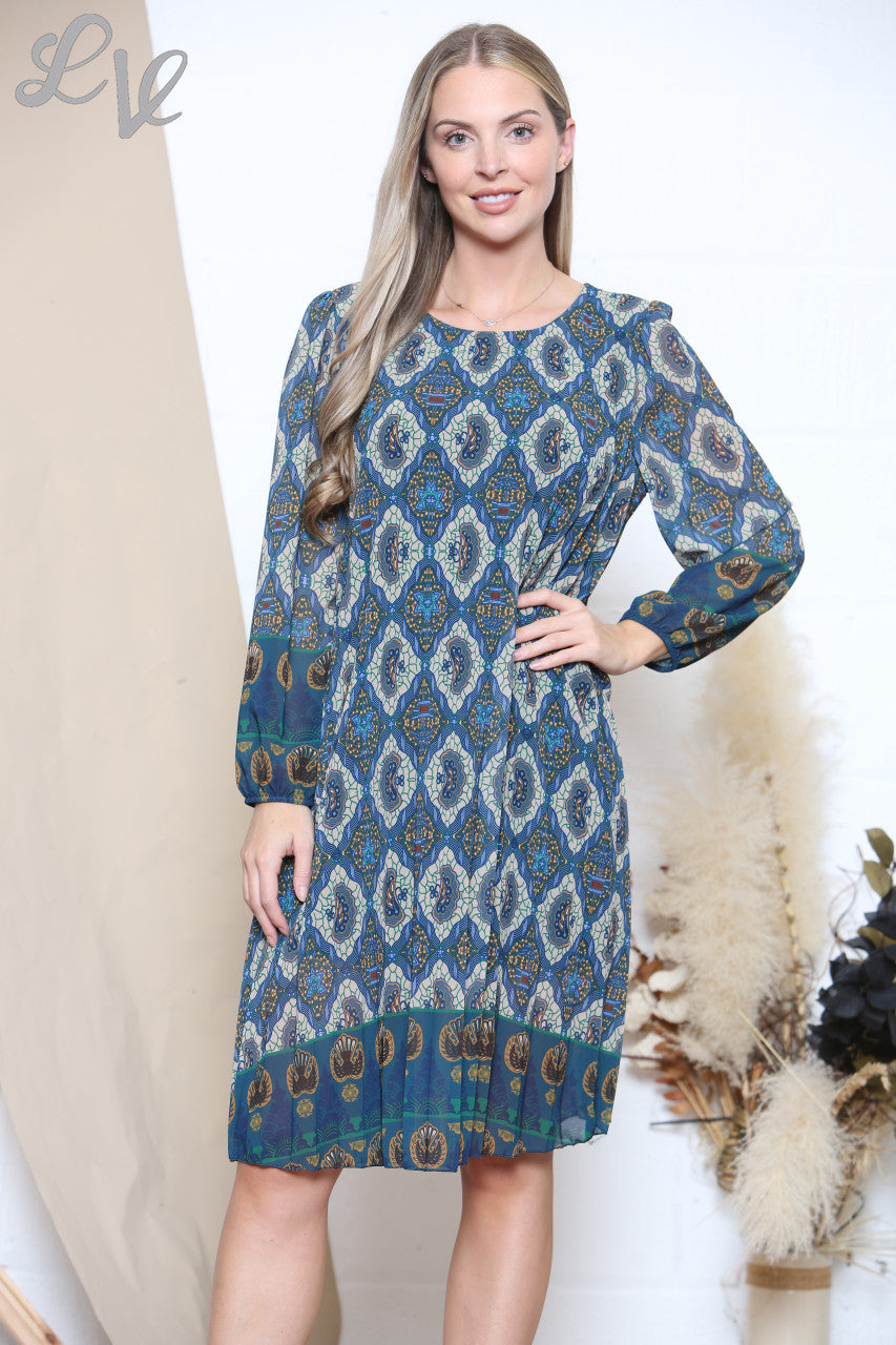 Ladies Abstract Geometric Print Pleated Dress Blue