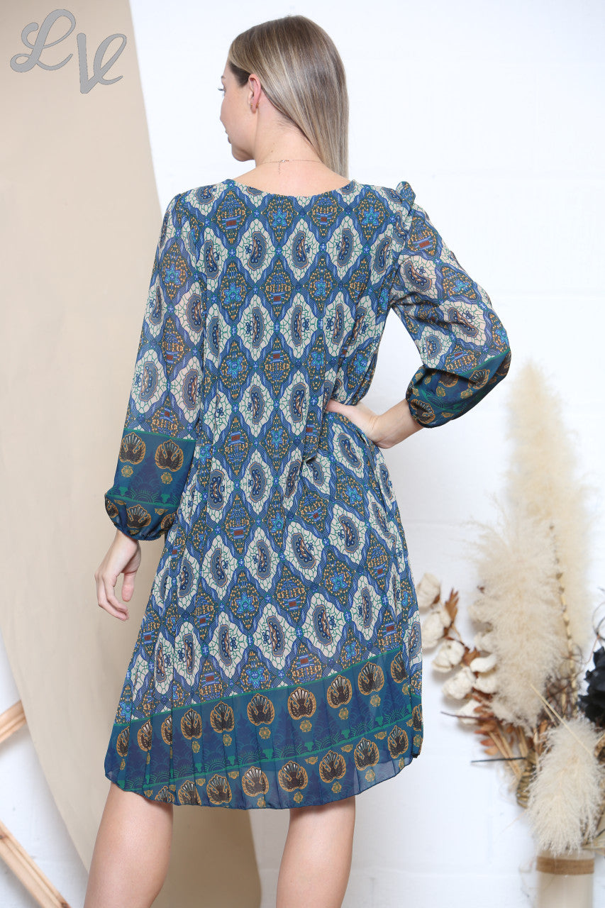 Ladies Abstract Geometric Print Pleated Dress Blue