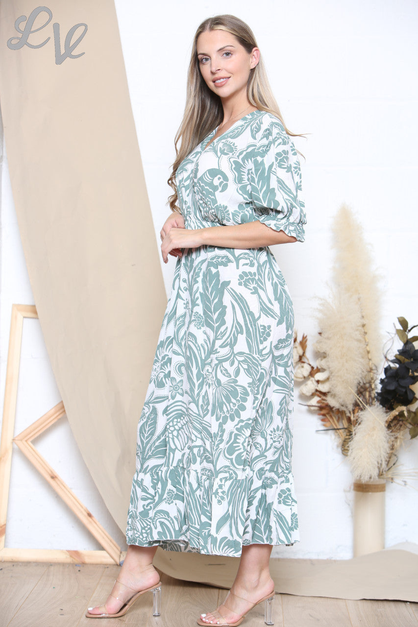 Dames maxi-jurk met bloemen- en bladprint kaki