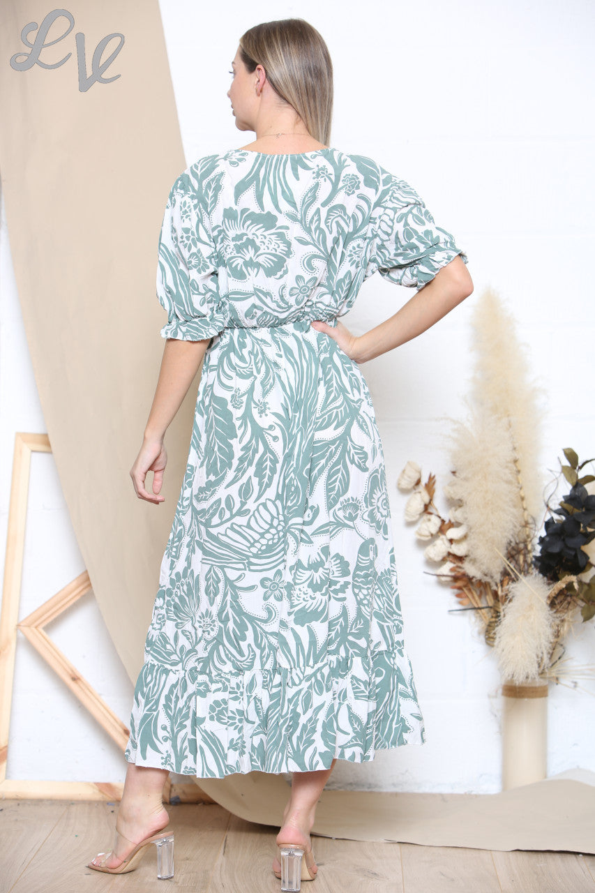 Dames maxi-jurk met bloemen- en bladprint kaki