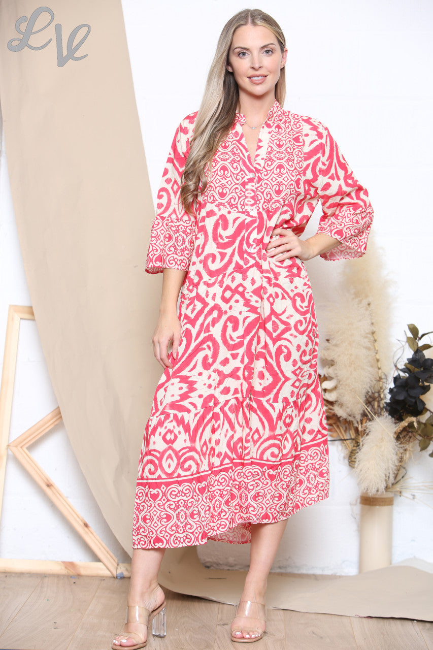 Ladies Aztec Print Shirt Maxi Dress Red