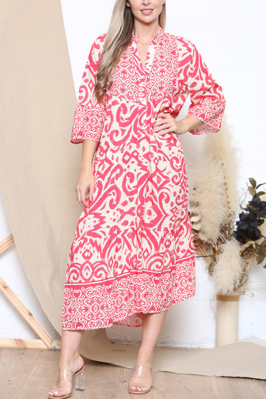 Ladies Aztec Print Shirt Maxi Dress Red