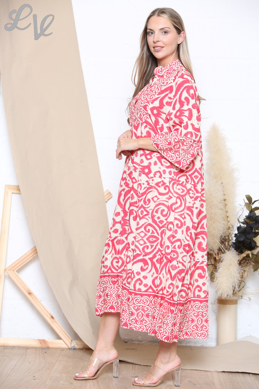 Ladies Aztec Print Shirt Maxi Dress Red