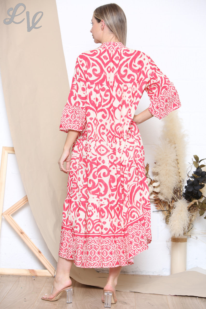 Ladies Aztec Print Shirt Maxi Dress Red