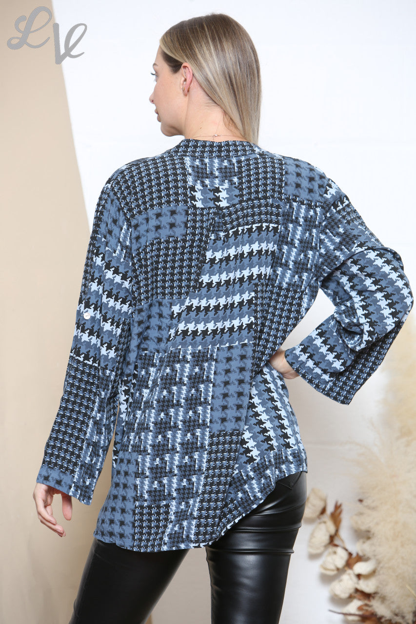 Ladies Patchwork Dogtooth Print Grandad Blouse Denim