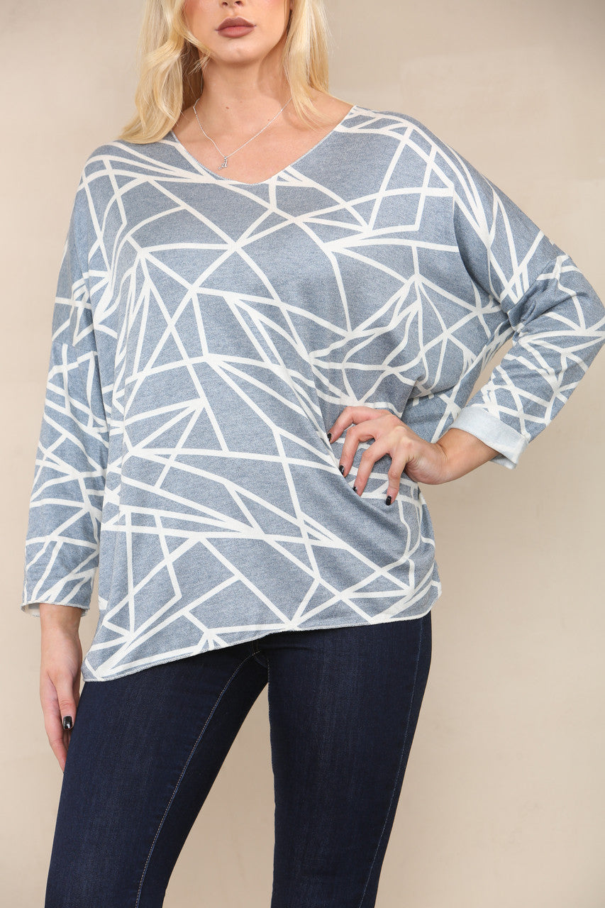 GEOMETRIC LINES FINE KNIT TOP NAVY