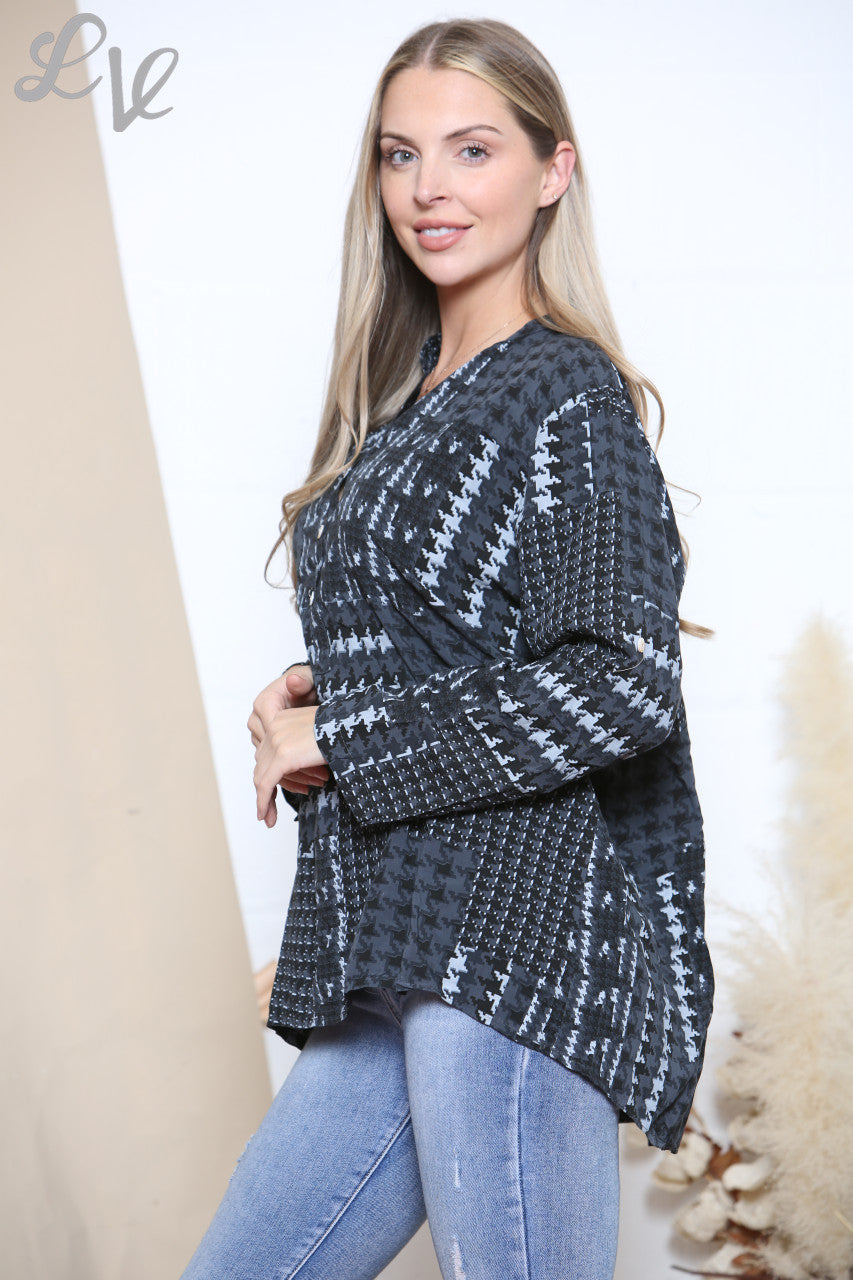 Ladies Patchwork Dogtooth Print Grandad Blouse Charcoal
