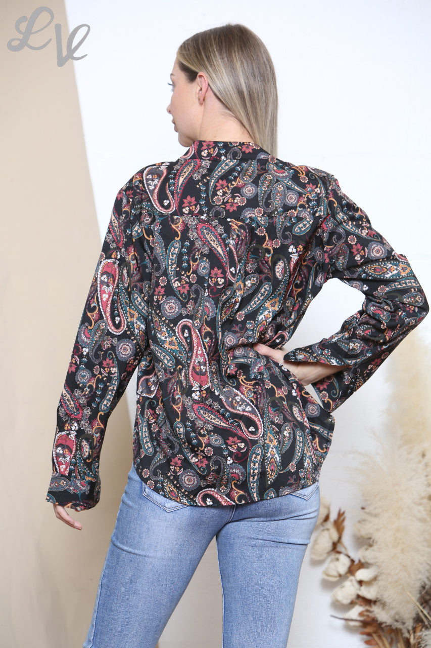Ladies Paisley Print Long Sleeve Shirt Top Black