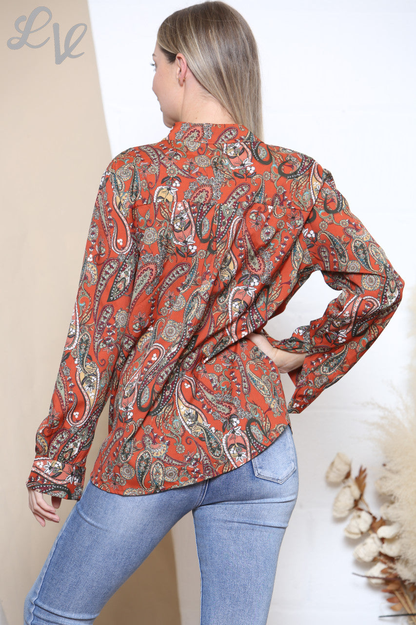 Ladies Paisley Print Long Sleeve Shirt Top Rust
