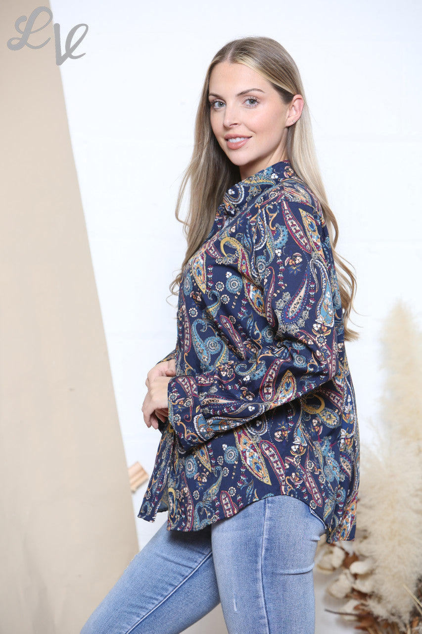 Damesblouse met lange mouwen en Paisleyprint, Marine