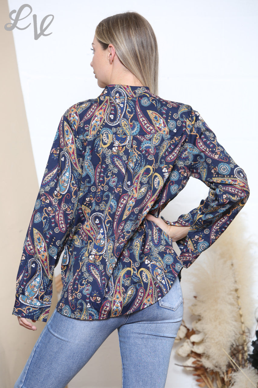 Damesblouse met lange mouwen en Paisleyprint, Marine