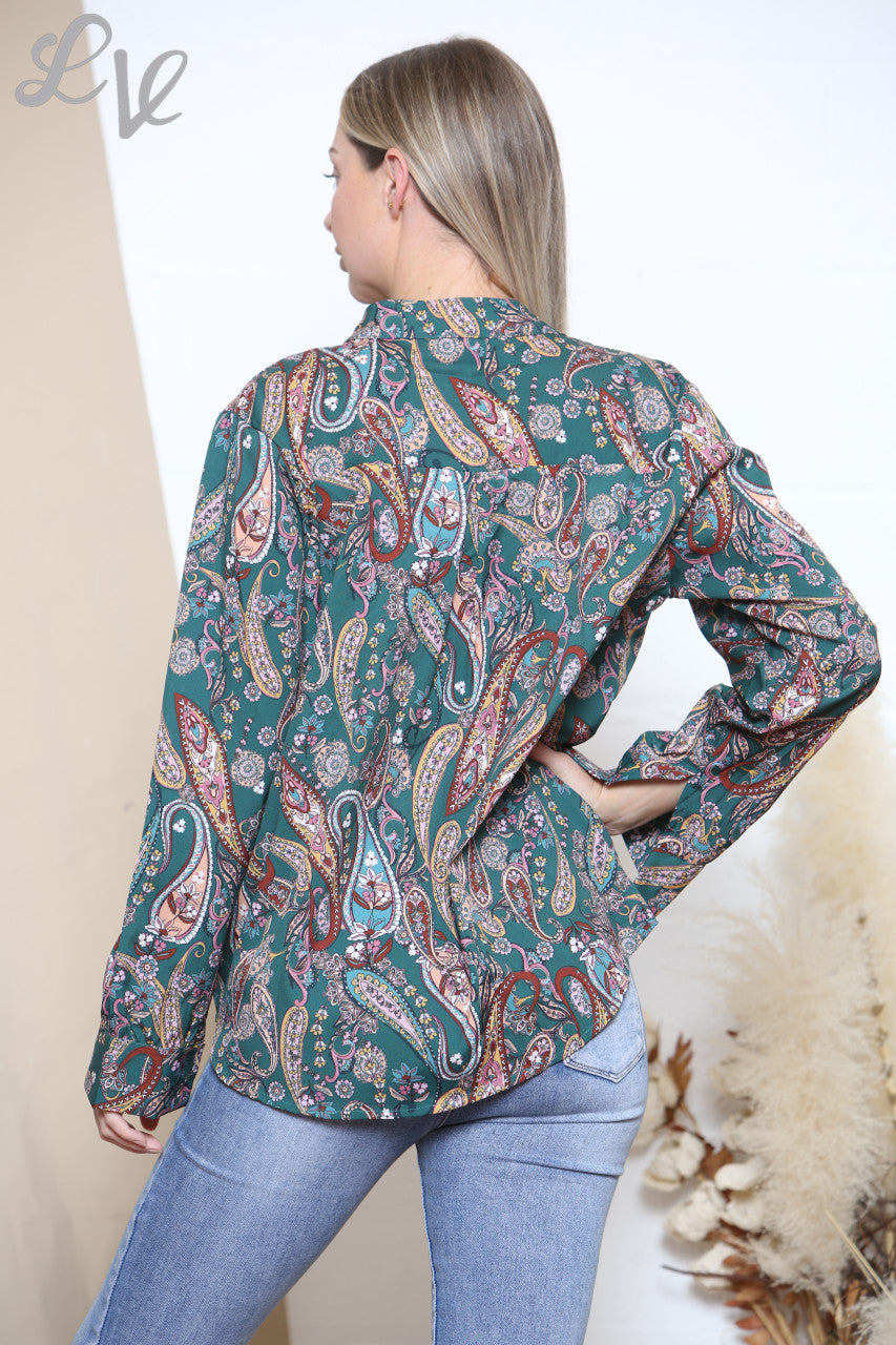 Ladies Paisley Print Long Sleeve Shirt Top Green