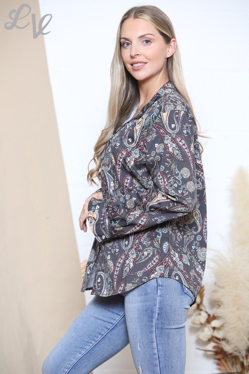 Ladies Paisley Print Long Sleeve Shirt Top Charcoal
