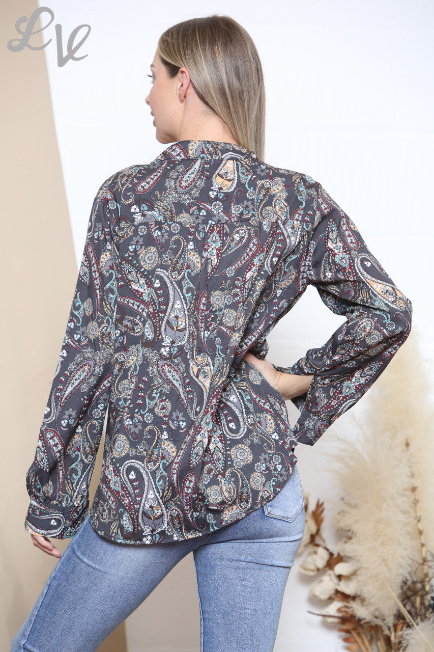 Ladies Paisley Print Long Sleeve Shirt Top Charcoal