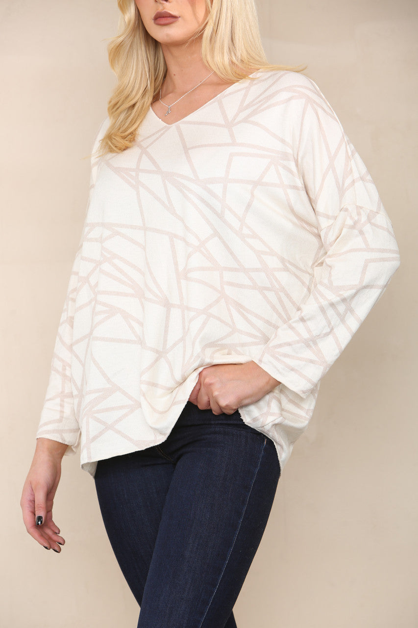 GEOMETRIC LINES FINE KNIT TOP CREAM