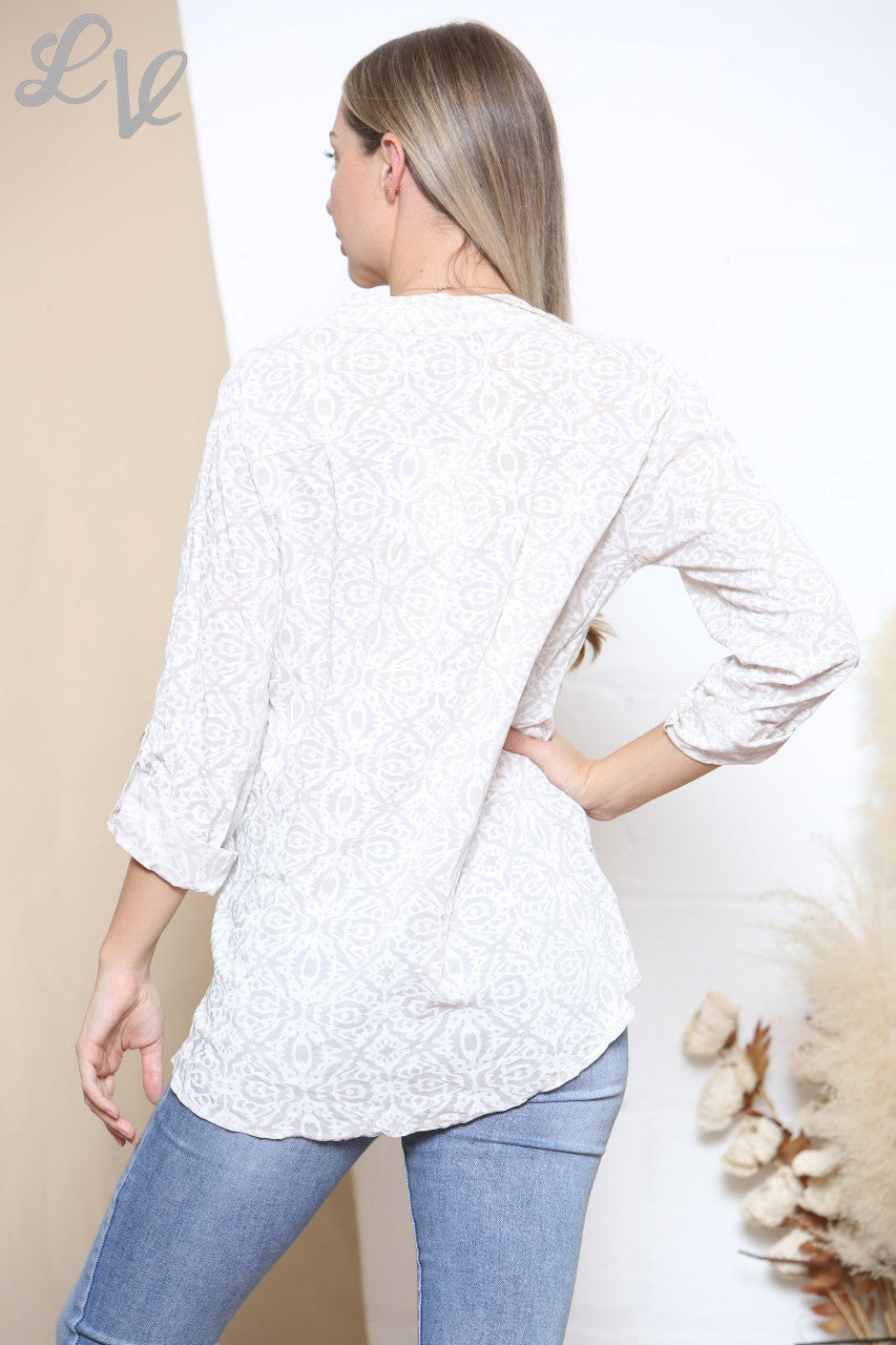Ladies Aztec Geometric Print Shirt Blouse Top White