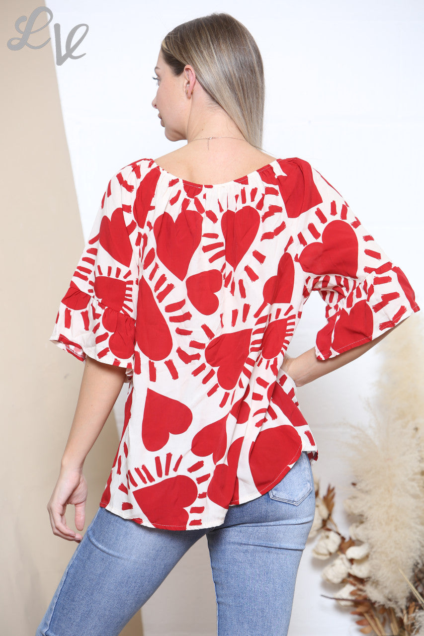 Dames Bardot Top Rood & Wit met Hartjesprint