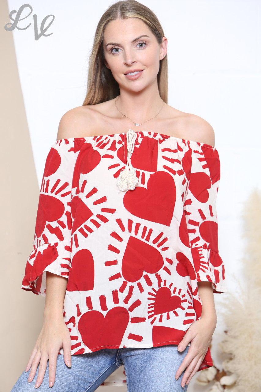 Dames Bardot Top Rood & Wit met Hartjesprint