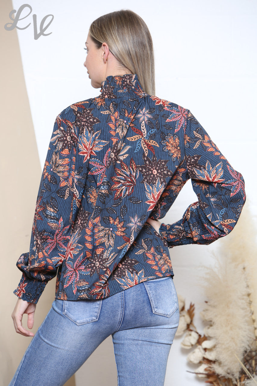 Damesblouse met bladprint en ruches halslijn marineblauw