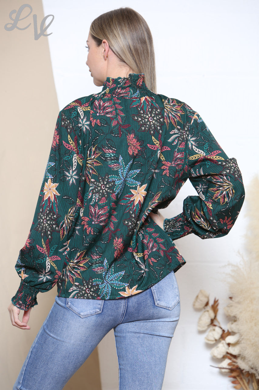 Dames Blouse Groen met Bladerprint en Ruches bij de Hals