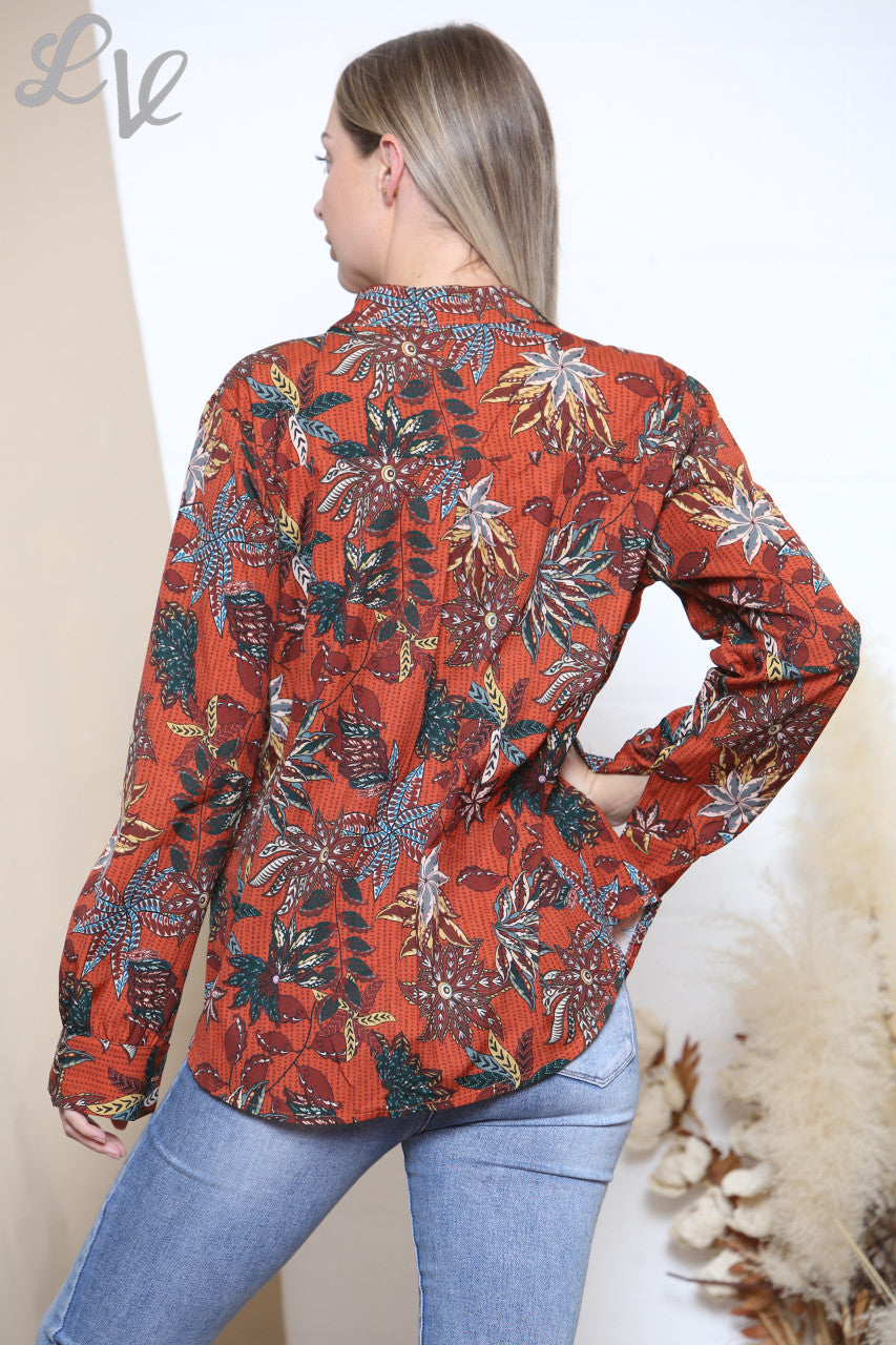 Ladies Leaf Print Long Sleeve Shirt Top Rust