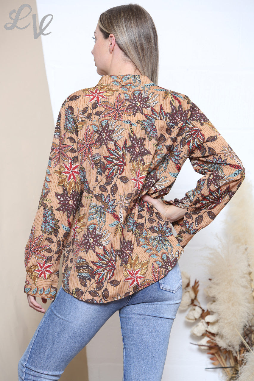 Ladies Leaf Print Long Sleeve Shirt Top Mustard