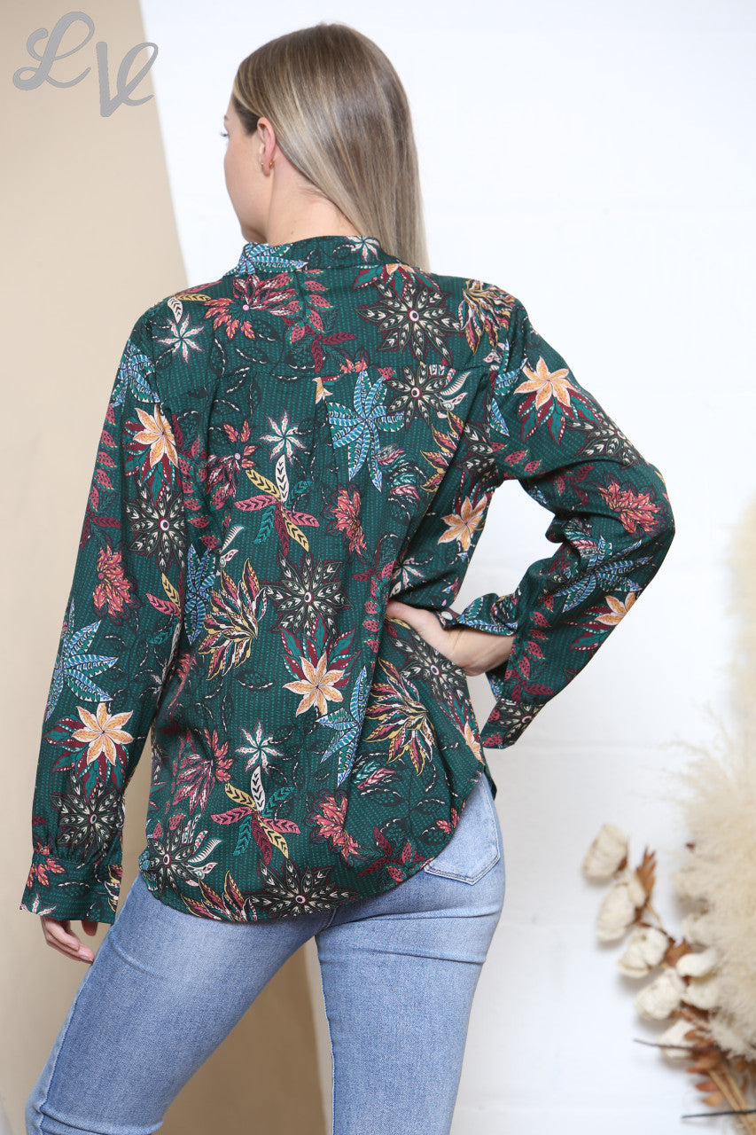 Ladies Leaf Print Long Sleeve Shirt Top Green