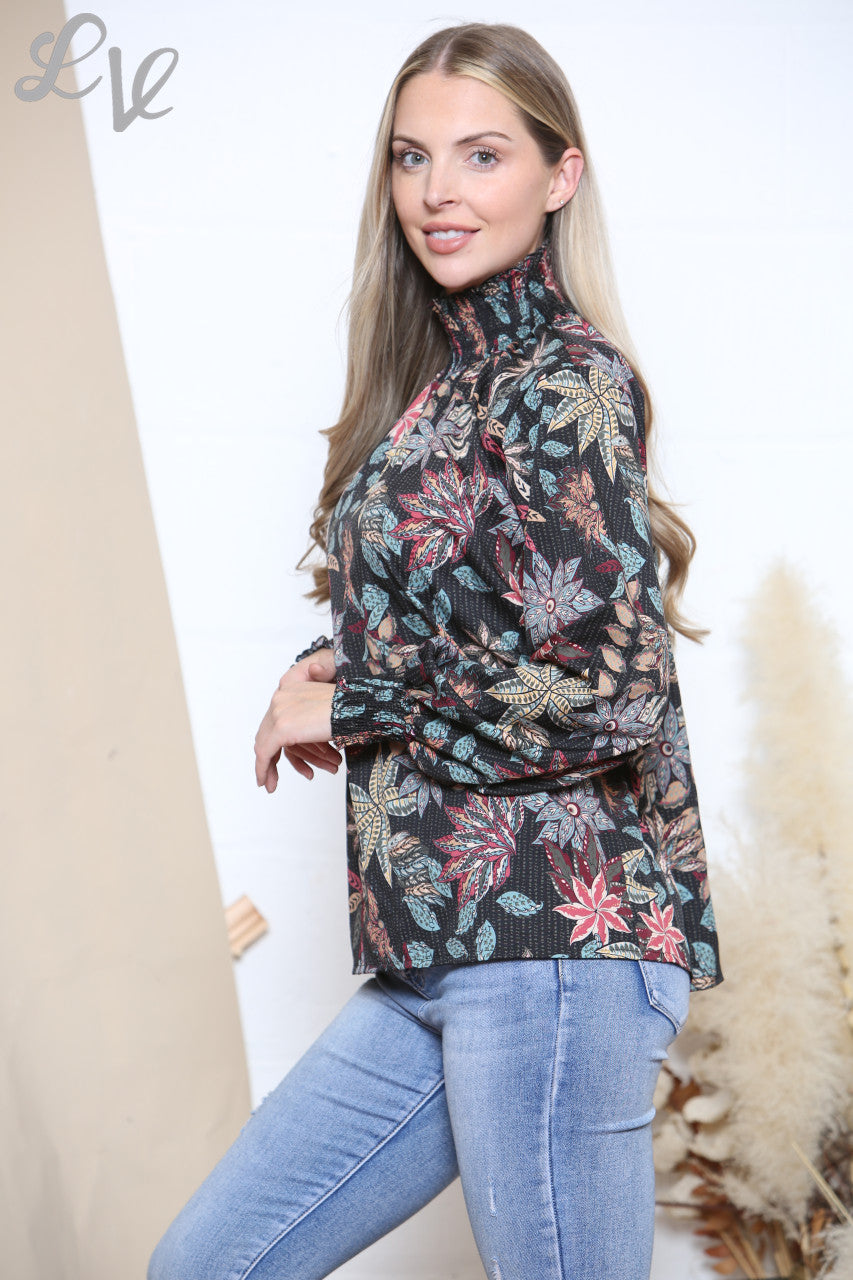 Dames Blouse Top Zwart met Bladerenprint en Ruches in de Hals