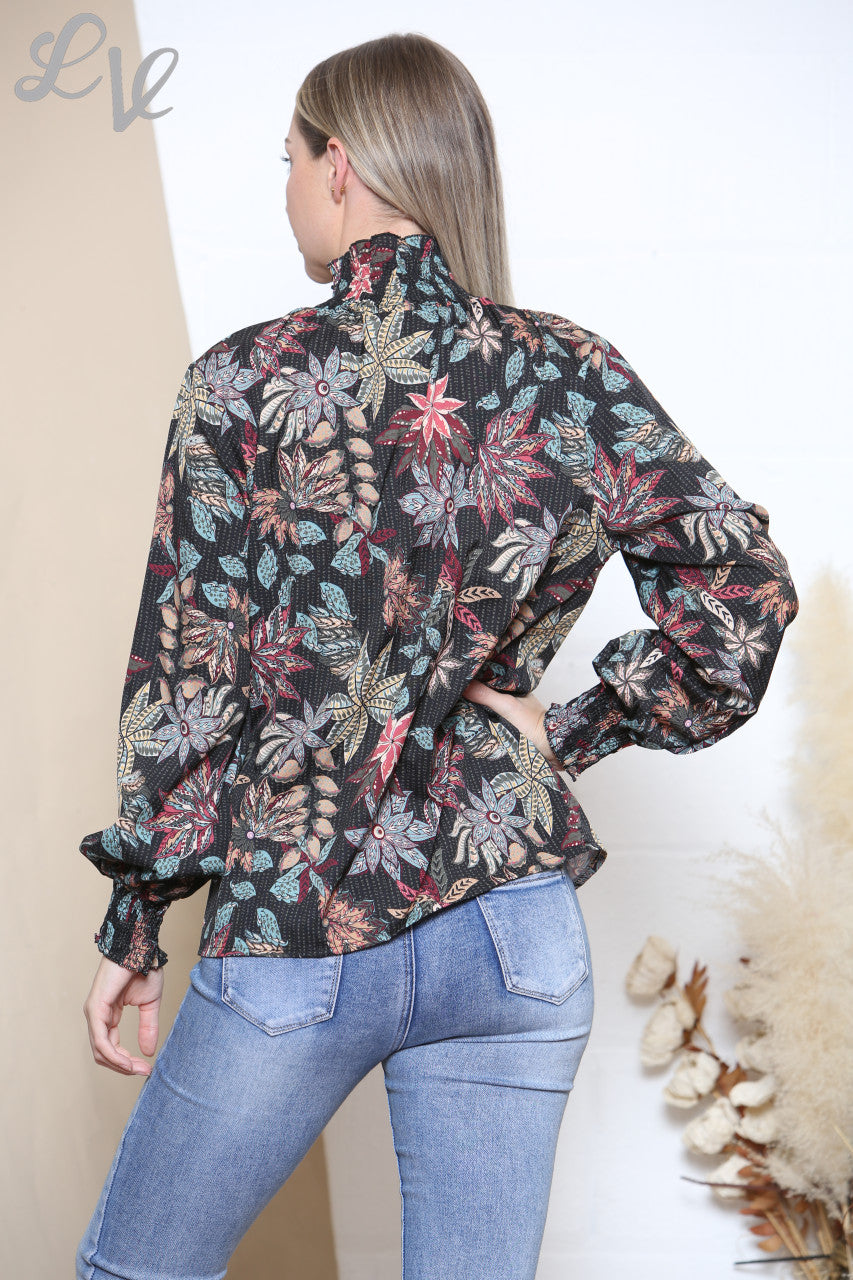 Dames Blouse Top Zwart met Bladerenprint en Ruches in de Hals
