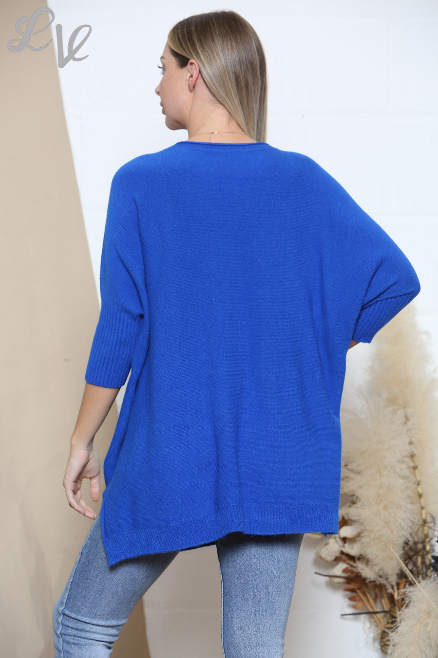 Ladies Slouched Knitted Jumper Top Royal Blue